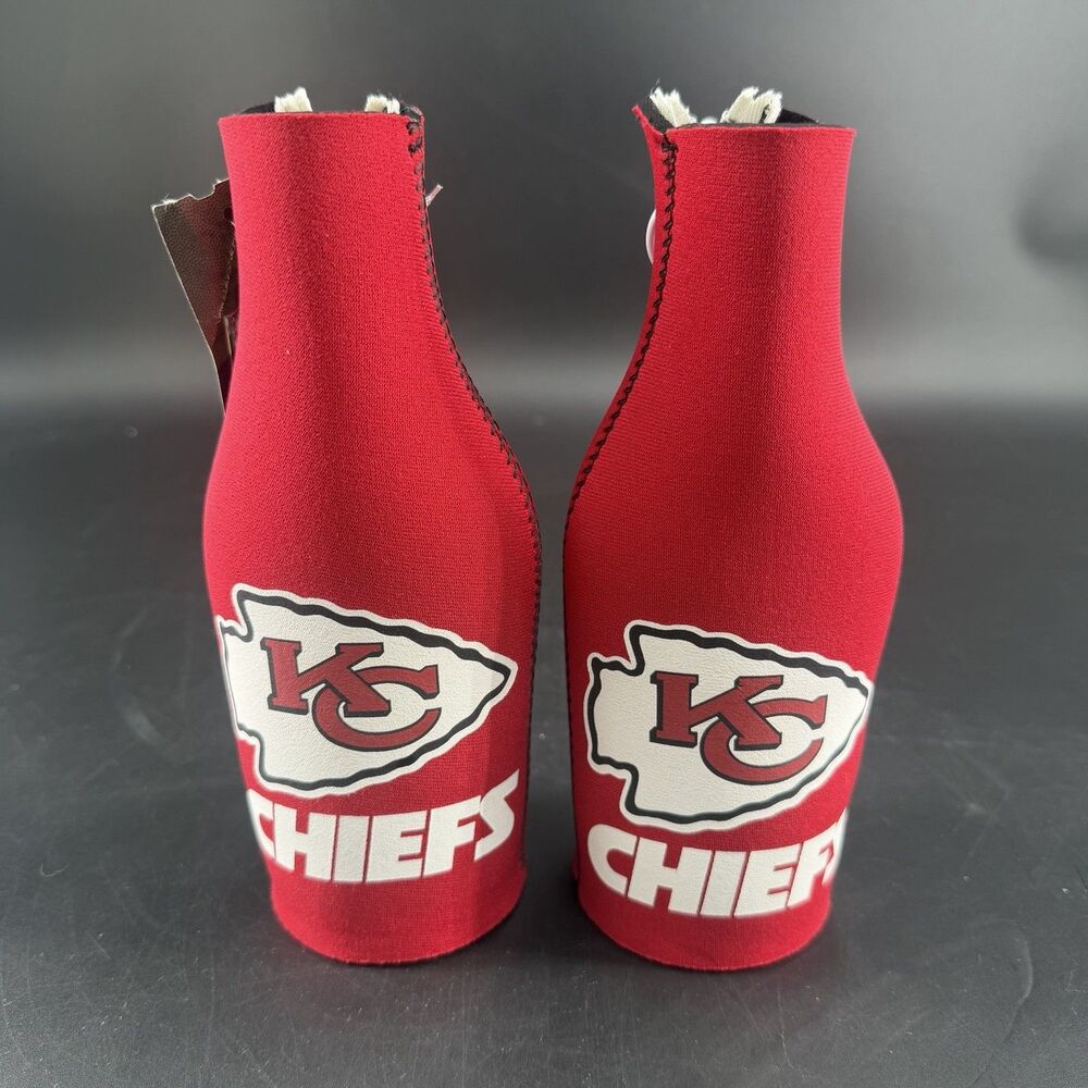 2 Kansas City Chiefs NFL Bottle Cooler Red Neoprene Zip Up Design KC Logo Koozie